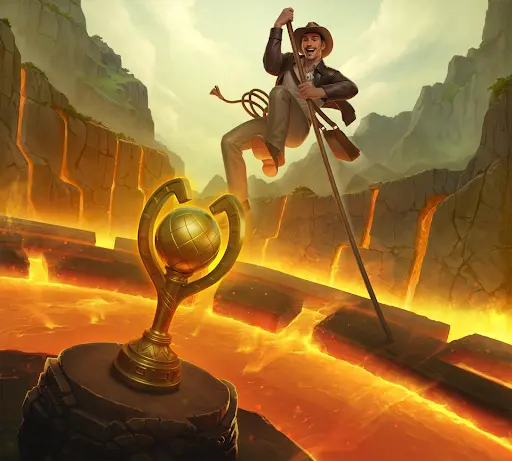 Adventurous explorer vaulting across a lava canyon toward a trophy