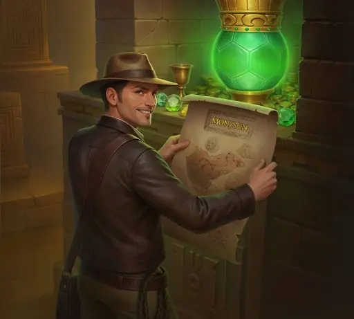 Smiling explorer holding an ancient map beside a glowing green artifact and scattered gems