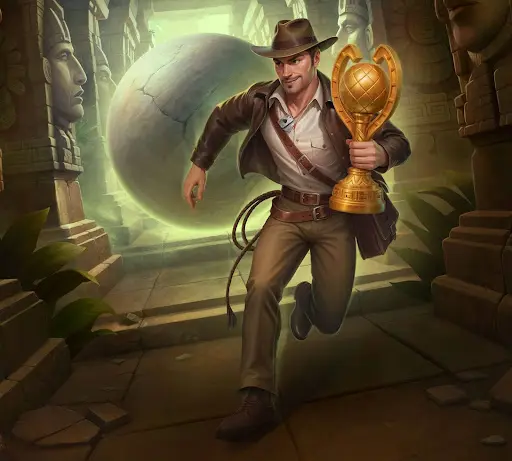 Explorer sprinting forward through a narrow stone temple passage with a gold trophy