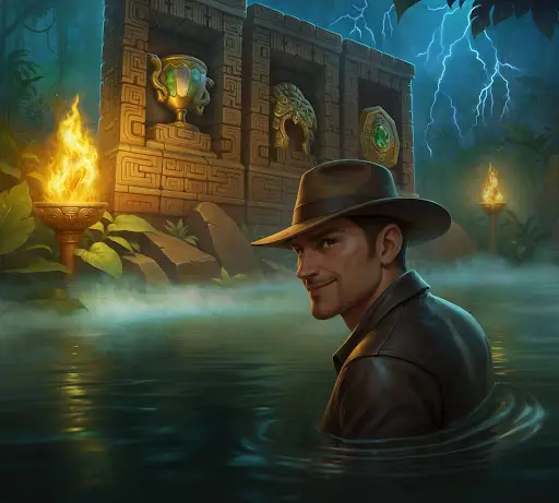 Explorer standing in calm water before an ancient jungle temple with glowing torches and artifacts