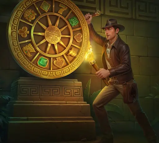 Explorer holding a burning torch facing a golden wheel