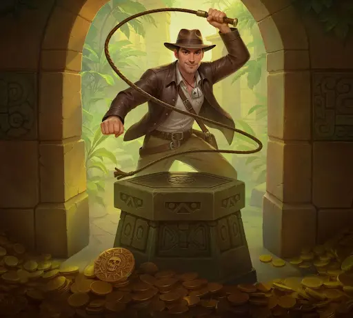 Confident explorer swinging a whip over a stone pedestal